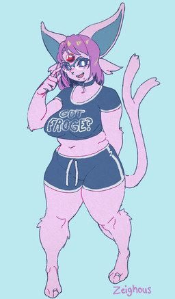 4_toes 5_fingers anthro anthrofied arm_tuft barefoot belly big_ears biped blue_background blue_bottomwear blue_clothing blue_crop_top blue_eyes blue_inner_ear blue_shirt blue_shorts blue_topwear blush bottomwear breast_play breasts calf_tuft choker clothed clothing crop_top dark_sclera digit_ring digitigrade elbow_tuft eyewear feet female female_anthro fingers forked_tail fully_clothed fur glasses hair jewelry leg_tuft looking_at_viewer love_handles midriff monotone_background navel necklace open_mouth pink_body pink_ears pink_fur pink_tail pokemorph pupils purple_hair ring shirt shorts simple_background slightly_chubby solo tail textured textured_background thick_thighs toe_ring toes topwear tuft unusual_anatomy unusual_tail wearing_glasses white_pupils zeighous nintendo pokemon fan_character eeveelution espeon felid feline generation_2_pokemon mammal pokemon_(species) absurd_res digital_media_(artwork) full-length_portrait hi_res portrait signature