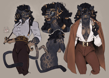 anthro biped black_body black_fur bottomwear breasts bulge butt claws clothing coat_over_shoulders collared_shirt dreadlock_cuffs dreadlocks dress_shirt ear_piercing ear_ring eyewear fangs finger_claws fur glasses gynomorph inner_boob intersex pants piercing ring_piercing round_glasses shirt solo suspenders tan_body tan_fur tan_nose teeth tight_bottomwear tight_clothing tight_pants topwear whiskers white_clothing white_shirt white_topwear scottieman amora_(nixie01) felid leopard mammal pantherine 2026 digital_media_(artwork) hi_res