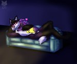 anthro arm_on_body arm_over_shoulder big_female bird_legs chest_tuft cuddling dark_room digitigrade duo eyelashes female floating_hearts fur furniture glowing glowing_eyes glowing_markings glowing_pink glowing_red_eyes glowing_tail glowing_tail_tip hair laying_on_top lying_on_sofa male male/female markings on_sofa purple_body purple_fur red_eyes relaxing simple_background size_difference small_sofa smaller_male sofa tail thick_eyelashes thick_thighs tuft vibing watching_movie watching_television sonicluxhedgeman rain_(midnightskyw3re) soniclux canid canine fox impim mammal absurd_res digital_media_(artwork) hi_res signature watermark