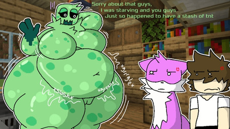 angry anthro belly big_belly big_breasts big_butt breasts brown_hair butt chest_tuft clothing cross-popping_vein embarrassed female fur genitals green_body group hair huge_breasts huge_butt male motion_lines neck_tuft obese onomatopoeia outline overweight pink_body pink_fur sound_effects text thick_thighs trio tuft vulva white_body white_fur domlol microsoft minecraft mojang xbox_game_studios dom_(domlol) moss_(domlol) creeper_(minecraft) robloxian colored english_text