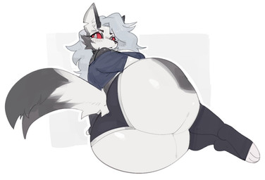 anthro big_butt black_bottomwear black_clothing black_shorts blue_clothing blue_shirt blue_topwear blush blush_lines bottomwear bra_strap breasts butt butt_focus cheek_tuft clothing crop_top dolphin_shorts facial_tuft feet_together female fur grey_body grey_fur grey_hair hair huge_butt legwear looking_back lying notched_ear on_side red_sclera shirt shorts simple_background solo tail thigh_highs topwear tuft white_background white_body white_eyes white_fur graev hellaverse helluva_boss mythology loona_(helluva_boss) canid canid_demon canine demon hellhound mammal mythological_canine mythological_creature 2026