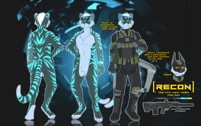 anthro butt clone clothed clothing glowing male military nude pose recon soldier solo text uniform warrior hihikori reco_(hunterx90) felid hybrid liger lion mammal pantherine absurd_res english_text hi_res model_sheet