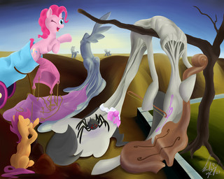 aircraft balloon bow_(feature) bow_tie detailed_background eyes_closed faceless_character female feral gesture group hand_gesture horn hot_air_balloon inflatable lying melting musical_instrument on_ground one_eye_closed outside party_cannon plant pointing sitting tree vehicle wings wink mylittlebadzerg friendship_is_magic hasbro my_little_pony mythology the_persistence_of_memory octavia_(mlp) pinkie_pie_(mlp) scootaloo_(mlp) arachnid arthropod earth_pony equid equine horse mammal mythological_creature mythological_equine pegasus pony spider unicorn 5:4 inspired_by_formal_art signature