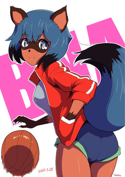 anthro ball basketball_(ball) black_body black_fur black_hair black_nose blue_body blue_eyes blue_fur blue_hair bottomwear breasts brown_body brown_fur butt clothed clothing dipstick_hair female fluffy fluffy_tail fur glistening glistening_body hair hand_in_pocket jacket looking_at_viewer multicolored_body multicolored_fur multicolored_hair pockets short_hair shorts smile solo tail text topwear translucent translucent_hair two_tone_hair brutish_pingu brand_new_animal studio_trigger michiru_kagemori canid canine mammal raccoon_dog tanuki 2020 english_text hi_res
