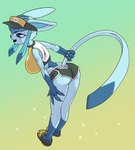 anthro blue_body blue_eyes breasts butt clothed clothing dolphin_shorts female footwear hat headgear headwear holowear_(pokemon) solo sportswear nangnam crocs nintendo pokemon pokemon_unite orange_unite_style_glaceon eeveelution generation_4_pokemon glaceon pokemon_(species) absurd_res hi_res