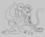 anthro butt chest_tuft clothed clothing crossdressing duo femboy fur hair legwear looking_at_viewer male panties smile stockings tuft underwear ghostblanketboy duo_(character) mareef domestic_cat felid feline felis mammal mustelid otter pantherine tiger 2014 line_art monochrome