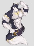 anthro big_muscles black_body black_fur black_hair blonde_hair fur hair male muscular muscular_anthro muscular_male solo white_body yellow_body yellow_eyes yellow_fur unknown_artist vortiganshine 3:4 absurd_res hi_res