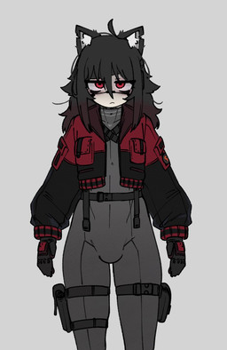 belt black_ears black_hair bodysuit bomber_jacket clothed clothing cropped_jacket cybernetic_limb cybernetics ear_tuft femboy gloves hair handwear long_hair machine messy_hair pale_skin pouch_(clothing) red_eyes simple_background skinsuit tactical_gear tight_clothing tired_eyes tuft probablyavv clancy_(probablyavv) cyborg felid feline humanoid mammal 2024 model_sheet
