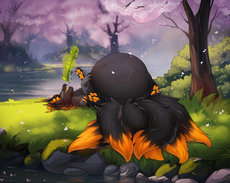 belly big_belly black_body black_fur cherry cherry_blossom cherry_blossom_tree cherry_tree digestion female feral flower food fruit fruit_tree fur fur_markings grass markings meadow orange_markings plant prunus_(flower) solo tree vore water cmitchell fayanna canid canine fox mammal hi_res