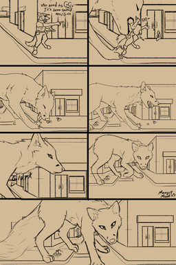 abdominal_bulge anthro anthro_prey black_lips building dialogue digitigrade disarmed duo feral feral_pred forced gesture gun hand_gesture handgun holster implied_fatal interrupted_speech lips looking_at_viewer macro_feral male neck_bulge oral_vore peril pointing police police_officer ranged_weapon side_eye side_eye_at_viewer sidewalk street street_lamp swallowed swallowed_alive swallowed_whole swallowing unwilling_prey vore weapon mangomutt canid canine fox mammal comic hi_res