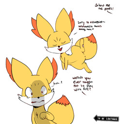 ambiguous_gender anus anus_only bodily_fluids chest_tuft dialogue featureless_crotch feral fur heart_symbol humor null orange_body orange_fur penis_shadow presenting shadow solo tears text to_be_continued tuft x_anus yellow_body yellow_fur ottmutt nintendo pokemon canid canine fennekin generation_6_pokemon human mammal pokemon_(species) 1:1 2020 english_text hi_res meme