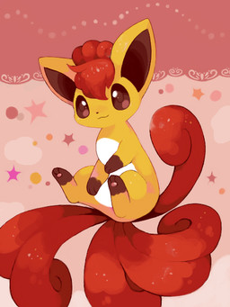 3_toes abstract_background ambiguous_gender big_ears brown_body brown_eyes brown_inner_ear brown_markings curled_tail digitigrade feet feral fur gloves_(marking) hair leg_markings markings multi_tail pawpads paws pink_pawpads red_body red_fur red_hair red_tail smile socks_(marking) solo star tail tan_body toes white_body white_markings michi_runi nintendo pokemon canid canine generation_1_pokemon mammal pokemon_(species) vulpix 3:4 digital_media_(artwork)