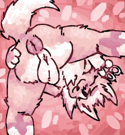 anthro anus backsack balls blush blush_lines butt chest_tuft fluffy fluffy_ears genitals gesture hand_gesture looking_at_viewer male multicolored_body one_eye_closed pawpads paws pink_background pink_body pink_pawpads presenting presenting_hindquarters puffy_anus raised_leg rear_view simple_background solo standing tuft v_sign white_balls white_body wink winking_at_viewer scaliescum canid canine mammal hi_res