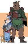 anthro armor avian_caruncle avian_feet axe backpack barefoot beard belt belt_buckle big_breasts black_eyes blue_clothing boots bottle bottomless breasts brown_body brown_eyes brown_fur brown_hair buckle cape chainmail cleavage clothed clothed_anthro clothed_female clothed_male clothing container dewlap_(anatomy) dress duo eyebrows eyelashes facial_hair feather_ornament feathers feet female female_anthro fingerless_gloves footwear fur gloves green_clothing grey_hair hair hand_in_pocket hands_in_both_pockets handwear hat hat_feather hat_ornament headgear headwear holding_object holding_weapon hood larger_male leather leather_armor looking_aside loose_feather male male_anthro markings mature_female melee_weapon mole_(marking) orange_background pockets potion potion_bottle rope shoes sideburns simple_background size_difference slightly_chubby smaller_female soul_patch thick_thighs vial wattle weapon white_background white_body white_feathers wide_hips kanekuo disney robin_hood_(disney) lady_kluck little_john avian bear bird chicken galliform gallus_(genus) mammal phasianid hi_res