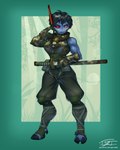 3_toes 4_fingers abs armor biceps black_hair blue_body blue_skin bodysuit bottomwear bracers camo camo_clothing camo_print chest_piece clothed clothing cloven_hooves feet female fingers footwear hair hooves katana knee_pads melee_weapon muscular muscular_female not_furry pants pattern_clothing red_eyes red_sclera scar sheathed_sword short_hair skinsuit solo standing sword tight_clothing toeless_footwear toes weapon hardtones warhammer_(franchise) warhammer_40000 alien alien_humanoid humanoid t'au_(warhammer) 2024 4:5 hi_res