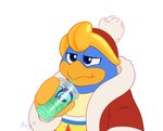 anthro avian beak beverage bird blue_body blue_feathers clothing coat container cup drinking feathers hat headgear headwear king_dedede kirby_(series) male maybehawthorn nintendo penguin signature simple_background taco_bell topwear