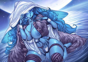 areola big_areola big_breasts big_nipples blue_body blue_eyes blue_hair breasts clothed clothing cracked_skin doll doll_joints feet female hair hat headgear headwear huge_areola huge_breasts huge_nipples long_hair navel nipples open_clothing solo thick_thighs water wet gofa elden_ring fromsoftware ranni_the_witch animate_inanimate humanoid living_doll 2022 absurd_res hi_res