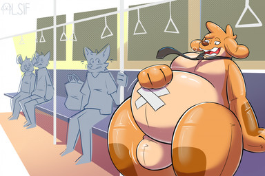 anthro belly big_belly bodily_fluids cum cum_inflation cum_inside duo genital_fluids hand_on_belly inflatable inflation male male/male mostly_nude necktie necktie_only non-euclidean_sex null_bulge pool_toy portal_sex public public_nudity sex sharp_teeth sitting teeth thinking_with_portals train vehicle alsif_santoso alsif_santoso_(character) animate_inanimate canid canine canis domestic_dog living_inflatable mammal hi_res