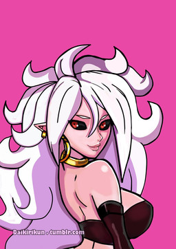 big_breasts black_sclera breasts choker ear_piercing ear_ring female fluffy fluffy_hair gold_(metal) gold_jewelry hair jewelry long_hair looking_at_viewer necklace not_furry piercing pink_background pink_body pupils red_pupils ring_piercing simple_background solo white_hair daikiarts dragon_ball dragon_ball_fighterz android_21 majin_android_21 alien alien_humanoid humanoid majin 2020 hi_res signature