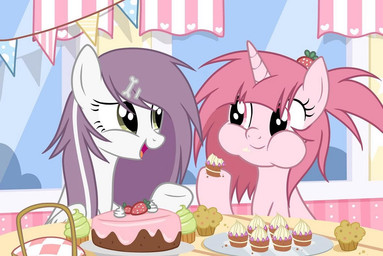 bone cake cupcake dessert duo eating eating_food eyelashes female feral food furniture hair horn pink_body pink_eyes pink_hair purple_hair smile table white_body wings ponymoe hasbro my_little_pony mythology bonnie_bones_(ponymoe) strawberry_cream_(ponymoe) equid equine horse mammal mythological_creature mythological_equine pegasus pony unicorn digital_media_(artwork)