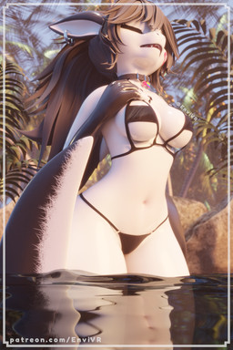 anthro band-aid bandage beach bell bell_collar black_body black_hair breasts clothing collar ear_piercing ear_ring eyes_closed female hair hand_on_breast light navel non-mammal_breasts non-mammal_ears non-mammal_hair non-mammal_navel piercing plant ring_piercing sea solo sunlight swimwear text water white_body envivr blender_cycles fish marine shark 2:3 3d_(artwork) absurd_res blender_(artwork) digital_media_(artwork) hi_res url