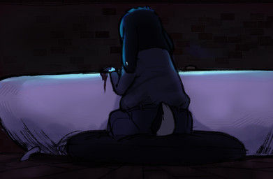 bath black_body black_fur clothing female feral fur looking_away paws sitting solo sin-sational raisin_bread ivy_shell buun hare lagomorph leporid mammal rabbit 2025 absurd_res hi_res story_at_source