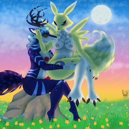 accessory anal anal_penetration animal_genitalia animal_penis antler_ring antlers black_sclera blue_body blue_eyes blue_fur blue_hair blush breasts canine_genitalia canine_penis chest_tuft cloud duo female feral flower fluffy fluffy_tail fur fur_markings furgonomics genitals gradient_background grass green_eyes gynomorph hair horn intersex intersex/female markings moon on_lap penetration penis plant rock simple_background sitting_on_lap sky star tail tuft yellow_body yellow_flower yellow_fur tarina bandai_namco digimon phemia canid canine cervine deer digimon_(species) fox hybrid mammal renamon 1:1 absurd_res hi_res huge_filesize watermark