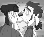 anthro black_nose clothed clothing duo fur gloves hair handwear kissing male male/male simple_background prismanoodle_(artist) disney goof_troop treasure_planet delbert_doppler goofy_(disney) canid canine canis domestic_dog mammal 6:5 hi_res