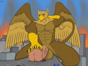 5_fingers abs anthro balls beak biceps biped brown_body brown_fur building building_destruction city city_background city_crushing city_destruction cityscape claws crush destruction erection feathered_wings feathers finger_claws fingers fire fur genitals macro macro_anthro macro_male male muscular muscular_anthro muscular_male nude outside paws pecs penile penis road sitting sky solo tail vehicle vehicle_destruction vein veiny_penis wings aeronus mythology carpo avian gryphon mythological_avian mythological_creature