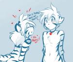 2016 anthro bent_over blue_background blush casual_nudity chest_tuft collar collar_of_keidranification conditional_dnp dialogue duo english_text eyes_closed felid female flora_(twokinds) fur heart_symbol keidran male mammal monochrome nude open_mouth pantherine pawprint_collar_tag rear_view restricted_palette simple_background sketch smile striped_body striped_fur stripes text tiger tiger_trace tom_fischbach tuft twokinds