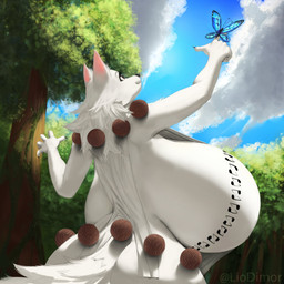 5_fingers anthro big_breasts black_nose breasts brown_eyes clothing cloud eyelashes female female_anthro fingers fur hair huge_breasts hyper hyper_breasts outside plant solo tail tree white_body white_fur white_hair white_tail liodimor bakki_(realius) arthropod butterfly canid canine fox insect lepidopteran mammal 1:1 2025 hi_res