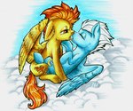 blue_body blue_feathers blue_fur cloud cutie_mark duo eyes_closed feathered_wings feathers female female/female feral french_kissing fur hair kissing orange_eyes orange_hair white_hair wings yellow_body yellow_feathers yellow_fur theorderofalisikus friendship_is_magic hasbro my_little_pony mythology fleetfoot_(mlp) spitfire_(mlp) wonderbolts_(mlp) equid equine mammal mythological_creature mythological_equine pegasus 2015 traditional_media_(artwork)