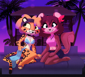 accessory anthro barefoot beach big_breasts bikini bikini_thong bikini_top biped bottomwear breasts brown_body brown_fur buckteeth chest_tuft choker clothing crop_top detailed_background duo eyelashes feet female fluffy fluffy_tail footwear fur furniture hair hair_accessory hairband hand_holding highlights_(coloring) jewelry kneeling_on_sofa long_tail looking_aside midriff navel necklace on_sofa orange_body orange_hair palm_tree paws plant purple_highlights sandals sarong shirt shoes shorts sitting sitting_on_sofa sleeveless_shirt small_waist smile sofa swimwear tail teeth thick_eyelashes thin_tail topwear tree tuft two-piece_swimsuit whiskers wide_hips willwri barika_(willwri) shelly_bélier cheetah felid feline mammal rodent sciurid tree_squirrel 2026 hi_res