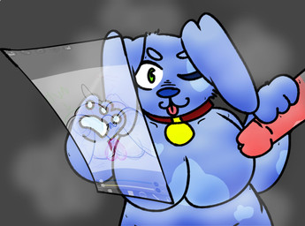anthro belly big_breasts blue_body blue_fur breasts collar drawing_(object) drawing_in_a_drawing duo female fluffy fur genitals gesture hand_gesture handjob_gesture male masturbation overweight pawpads paws penis screen slightly_chubby slightly_chubby_female suggestive suggestive_gesture tongue tongue_out thighhighpaws bluedogress canid canine canis domestic_dog mammal hi_res