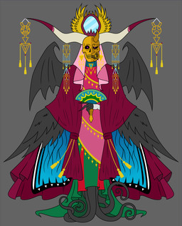 4_wings ambiguous_gender bat_wings bottomwear clothing curtains hand_fan horn jewelry mask membrane_(anatomy) membranous_wings metal mirror multi_wing ring_(jewelry) skirt solo tassels tentacles veil wings rub_lug daeva humanoid absurd_res hi_res