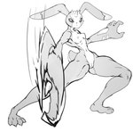 anthro axe body_modification breasts female fighting_pose genitals melee_weapon nude pose pussy solo weapon zody300 bandai_namco digimon antylamon digimon_(species) hi_res monochrome sketch