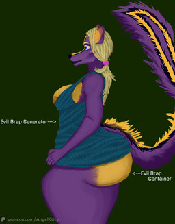 anthro big_breasts big_butt biohazard_symbol biohazard_tattoo black_body black_fur blonde_hair blue_eyes breasts butt curvy_figure female fur hair hazard_symbol markings nipple_slip purple_body purple_fur skunk_stripe solo striped_body striped_fur striped_markings striped_tail stripes symbol tail tail_markings tattoo text thick_thighs voluptuous voluptuous_female wide_hips yellow_body yellow_fur angel_kiitty evil_container victoria_von_werner_(angelkiitty) hybrid mammal mephitid skunk absurd_res english_text hi_res meme url