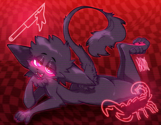 ambiguous_gender anthro bedroom_eyes black_body black_fur blush butt checkered checkered_background cheek_tuft facial_tuft fangs feet_up femboy fur half-closed_eyes inviting lying narrowed_eyes nude on_front open_mouth open_smile pattern_background pawpads paws red_pawpads seductive simple_background smile solo tail tail_tuft teeth thick_thighs tuft wide_hips lamekun kun_(lamekun) domestic_cat felid feline felis mammal nonbinary_(lore)
