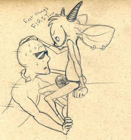 barefoot barely_contained big_ears bodily_fluids bulge clothed clothing detailed_bulge dialogue duo eyewear feet genital_outline hand_on_head horn human_on_humanoid interspecies larger_sub male male/male motion_lines nervous not_furry penis_outline prehensile_tail questionable_consent rape_face sitting size_difference smile smirk submissive sunglasses sweat tail text tongue topless tush_(artist) anon tush_(character) human humanoid imp mammal english_text graphite_(artwork) hi_res monochrome traditional_media_(artwork)