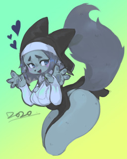 4_fingers anthro bent_over black_clothing blue_body blue_eyes blue_fur breasts clothed clothing cross cross_ear_piercing cross_piercing cute_fangs ear_piercing ear_ring fangs female female_anthro fingers fluffy fluffy_tail fur gradient_background grey_hair hair heart_symbol kemono looking_at_viewer nun open_mouth open_smile piercing raised_tail ring_piercing simple_background smile solo tail teeth foxbanchan foxbanchan_(character) canid canine fox mammal 2020 absurd_res hi_res