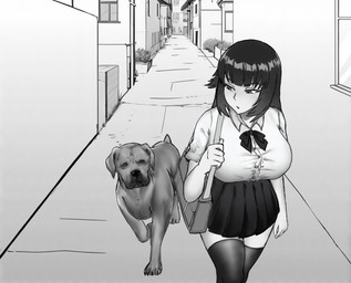 absolute_territory all_fours bangs big_breasts blunt_bangs bottomwear bow_tie breasts building claws clothing collared_shirt duo female female_human feral hair legwear long_hair male male_feral outside pleated_skirt road school_bag school_uniform shirt short_sleeves shoulder_bag skirt street tail thigh_highs topwear uniform walking window neoxius canid canine canis domestic_dog human mammal digital_drawing_(artwork) digital_media_(artwork) greyscale monochrome