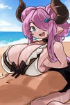 2_horns accessory beach big_breasts blue_eyes breasts cleavage clothed clothing cloud duo female female_humanoid hair hair_accessory horn huge_breasts humanoid_pointy_ears male male/female motion_lines navel one_eye_obstructed open_mouth pink_hair pointy_ears sand seaside smile teeth water zanamaoria cygames granblue_fantasy narmaya draph horned_humanoid human humanoid mammal digital_media_(artwork) hi_res