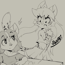 4_fingers anthro blush blush_lines bottomwear claws clothed clothed_anthro clothed_female clothing crop_top exposed_belly eyebrows eyelashes facial_piercing female finger_claws fingers fully_clothed fully_clothed_anthro fully_clothed_female furniture furrowed_eyebrows grabbing_another grabbing_partner group larger_female nose_piercing piercing pigtails pouting pouty raised_eyebrows shirt size_difference skirt smaller_female surpised swipe t-shirt table topwear trio twintails_(hairstyle) upset whiskers muhny chloe_(muhny) edie_(muhny) kim_(muhny) domestic_cat felid feline felis mammal mouse murid murine rodent 1:1 sketch