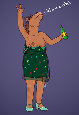 alcohol anthro areola beverage breasts clothed clothing dialogue drunk exhibitionism exposed_breasts female footwear high_heels nipples partially_clothed shoes simple_background slightly_chubby solo substance_intoxication text topless teot bojack_horseman netflix hollyhock_(bojack_horseman) equid equine horse mammal english_text hi_res