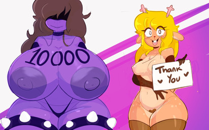 anthro antlers areola arm_warmers armwear big_areola big_breasts blonde_hair body_writing bottomless breasts brown_hair buckteeth choker clothed clothing curvy_figure duo elbow_gloves female fur gloves hair hair_over_eyes handwear holding_object holding_sign horn huge_breasts jewelry legband legwear necklace open_mouth purple_body purple_scales scales sign smile spiked_legband spikes stockings tan_body tan_fur teeth thanking thick_thighs thigh_highs thong underwear voluptuous wide_hips writing_on_breasts mojiuwu deltarune undertale_(series) noelle_holiday susie_(deltarune) deer mammal new_world_deer reindeer reptile scalie hi_res sketch unfinished