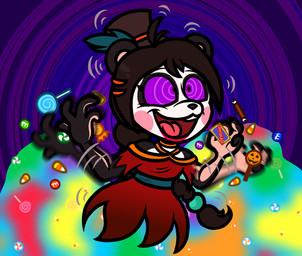 4_fingers abstract_background accessory anthro arms_bent beads black_body black_fur black_hair black_nose braided_hair brown_clothing brown_hat brown_headwear candy candy_corn chocolate chocolate_bar clothing dessert dress eyelashes female fingers food fur hair hair_accessory hair_beads hat hat_feather headgear headwear holidays hypnotic_eyes lips lollipop long_hair loose_feather motion_blur motion_lines multicolored_body multicolored_fur pink_tongue purple_sclera red_clothing red_dress red_lips solo spiral_background sugar_high tan_body tan_skin thick_bottom_lip tongue white_body white_fur captainquack64 activision crash_bandicoot_(series) crash_nitro_kart crash_team_racing_nitro-fueled halloween m&m's mars_incorporated yaya_panda bear giant_panda mammal colored digital_drawing_(artwork) digital_media_(artwork) english_description half-length_portrait hi_res portrait shaded simple_shading