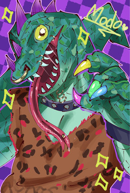 anthro bodily_fluids brown_clothing brown_shirt brown_topwear checkered checkered_background clothed clothing collar facial_piercing green_body green_scales head_spikes male mouth_piercing multicolored_claws muscular muscular_anthro muscular_male neck_piercing nose_piercing pattern_background pattern_clothing piercing purple_background purple_spikes saliva scales shirt simple_background solo spikes spikes_(anatomy) spots spotted_clothing studded_collar studs teeth tongue tongue_out tongue_piercing topwear yellow_sclera chiteinomono goat_(movie) sony_corporation sony_pictures modo_olachenko komodo_dragon lizard monitor_lizard reptile scalie 2026 digital_media_(artwork) hi_res