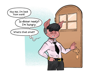 accessory anthro asking clock clothing dialogue door gold_watch hair hair_over_eye hand_in_pocket male necktie pockets shirt solo text topwear watch white_clothing white_shirt white_topwear xeleth mammal suid suine comic digital_drawing_(artwork) digital_media_(artwork) english_text son_(lore)