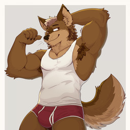 anthro armpit_hair athletic barazoku biceps big_muscles biped body_hair briefs brown_body brown_fur bulge clothed clothing colored_seam_underwear confident countershade_face countershading fur gesture hand_behind_head hand_gesture looking_at_viewer male monotone_background muscular muscular_anthro muscular_arms muscular_male natural_colors orange_eyes pantsless pecs pointing pointing_at_self pointing_with_thumb raised_arm red_clothing red_underwear shirt simple_background smile smiling_at_viewer solo standing tank_top topwear underwear white_background white_clothing white_shirt white_tank_top white_topwear bezzeroo canid canine canis mammal wolf 1:1 2024 hi_res