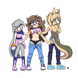 annoyed anthro big_ears blush bottomwear bottomwear_down brown_hair clothed clothing clothing_lift dress female fur grey_body grey_fur group hair looking_at_viewer panties pants pants_down partially_clothed pulling_pants_down shirt shirt_lift shy tail teasing topwear trio underwear yellow_body yellow_fur innotsu sega sonic_the_hedgehog_(series) fan_character inno_(innotsu) kocchi_(innotsu) tsumiki_(innotsu) eulipotyphlan felid feline hedgehog lynx mammal 1:1 hi_res